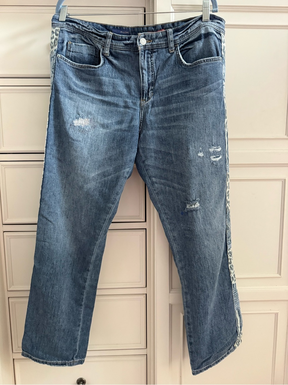 Pilcro Anthropologie Women’s Blue Distressed Jeans with Leopard Side Panel